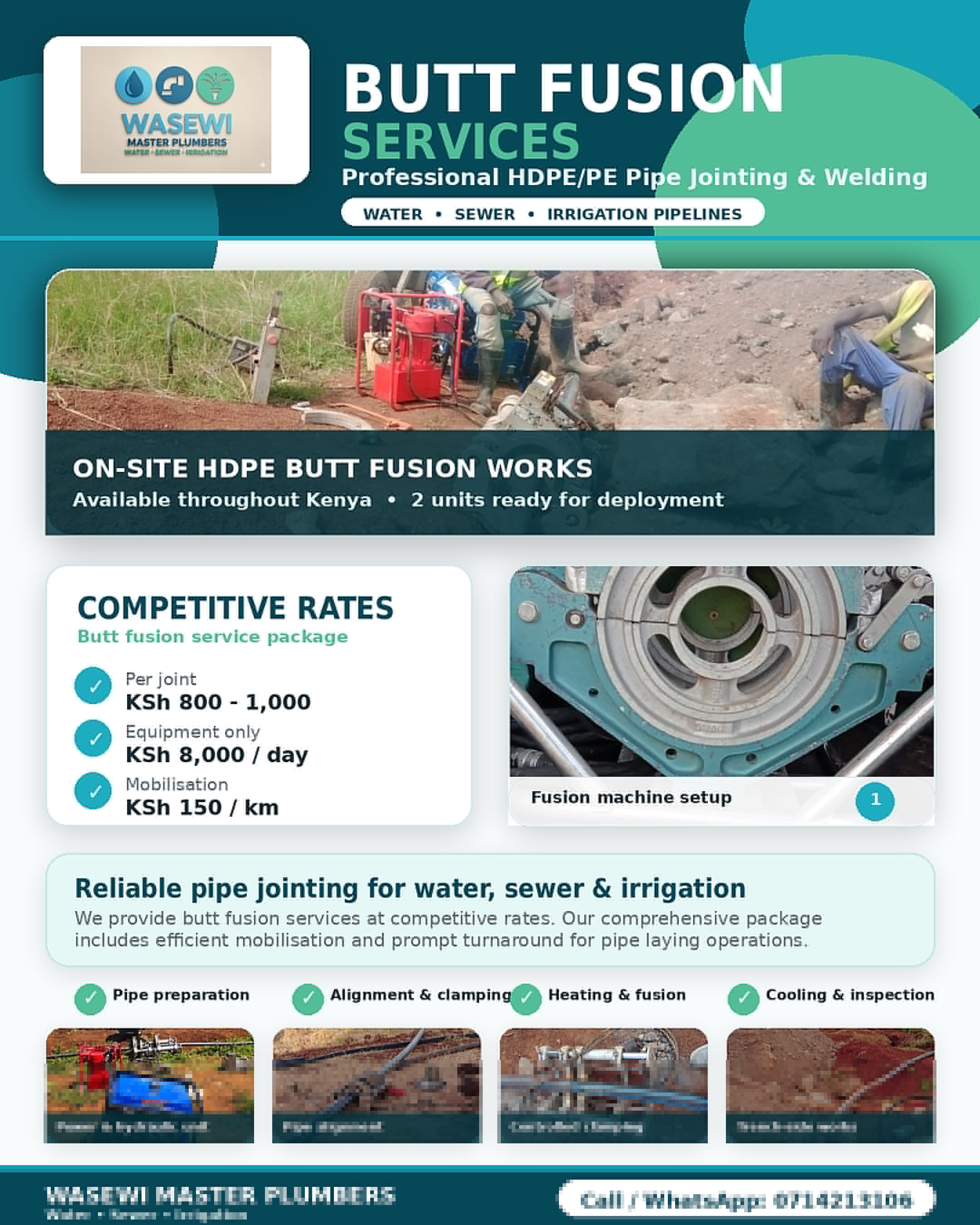 WASEWI butt fusion services poster showing HDPE pipe jointing rates